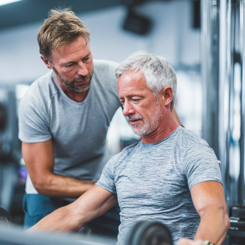 experienced trainer helping middle aged man with proper exercise form at fitness gym