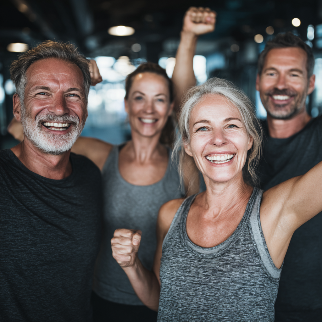 group of middle aged people celebrating fitness achievements together