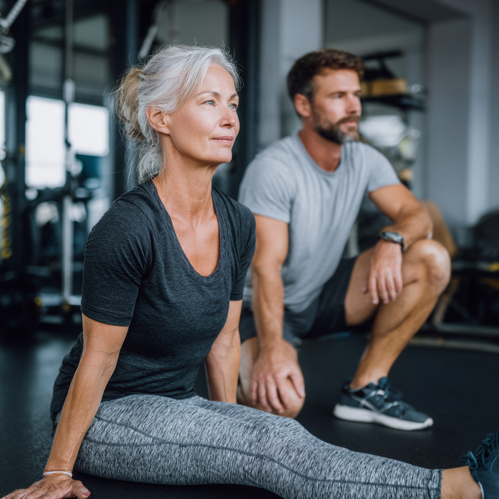 mature woman doing stretching exercises with personal trainer guidance